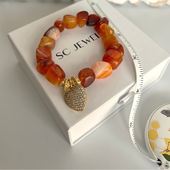 Gemstone Bracelet | Handcrafted Orange Agate | 14k Gold Plated Luxury Jewelry - Picture 6 of 8